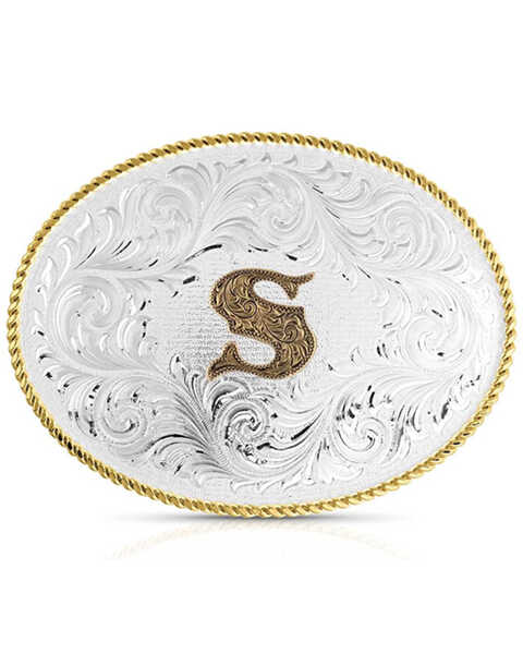 Montana Silversmiths Classic Western Oval Two-Tone Initial Belt Buckle - S, Silver, hi-res