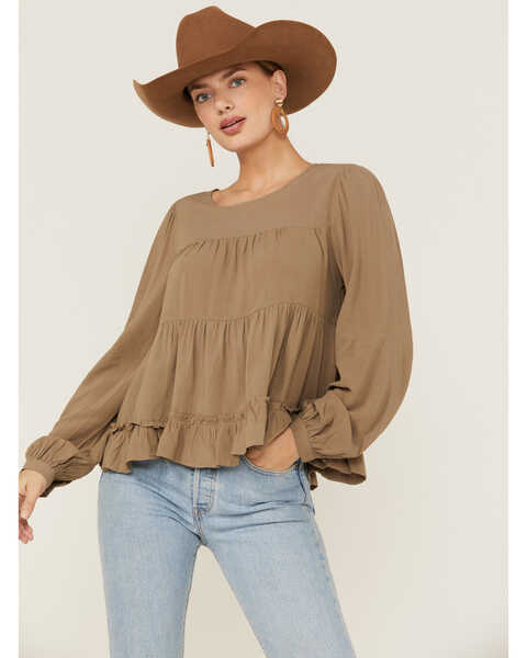 Very J Women's Tiered Peasant Ruffle Long Sleeve Top, Olive, hi-res