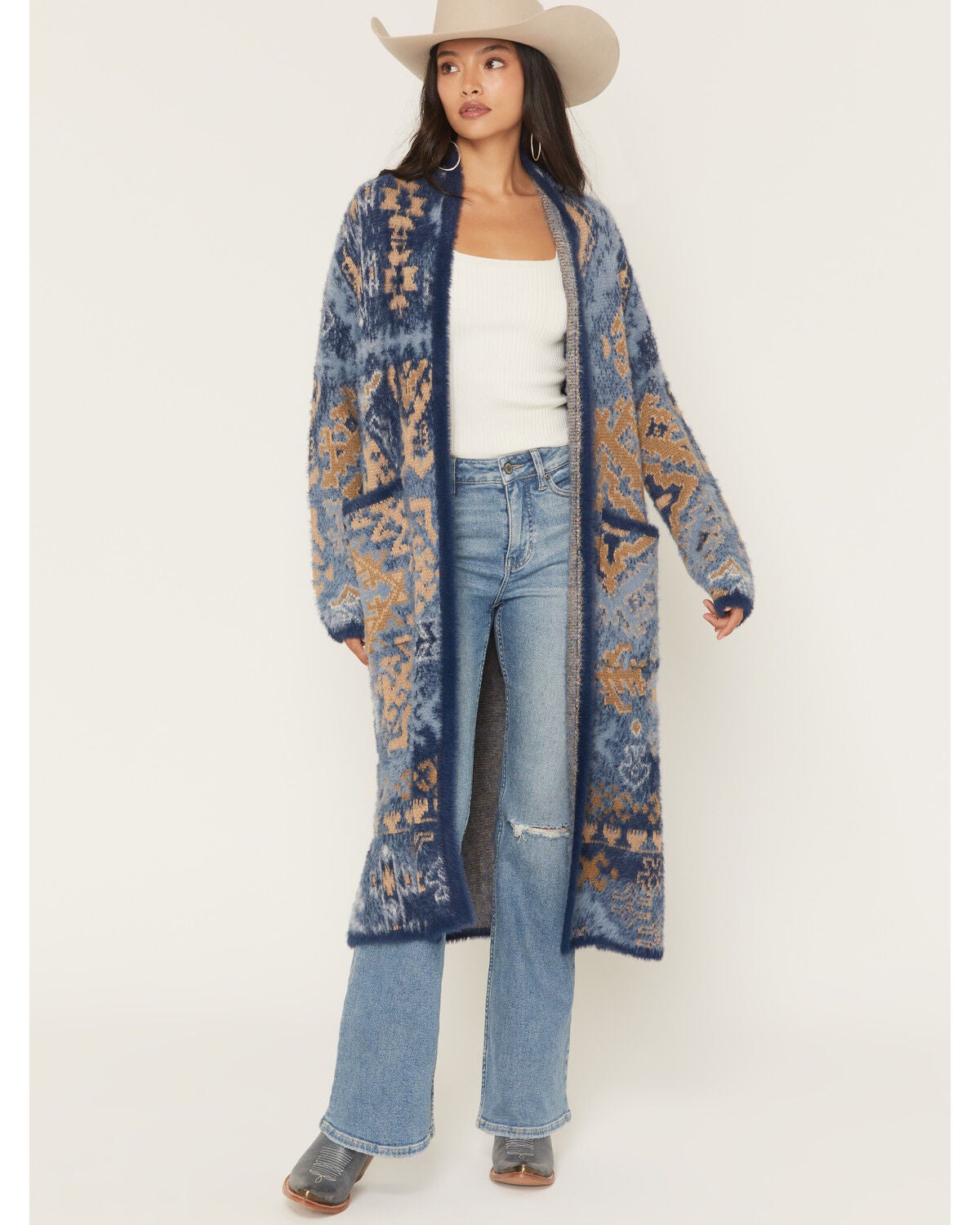 Shyanne Women's Southwestern Print Eyelash Yarn Duster, Navy, hi-res