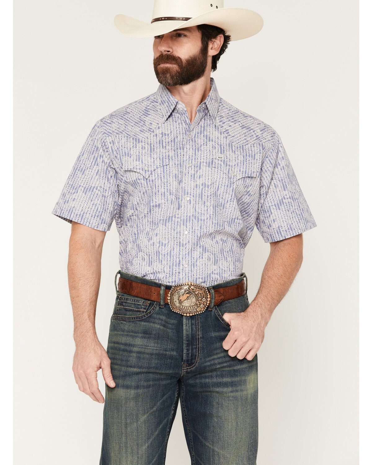 Image #1 - Ely Walker Men's Paisley Print Short Sleeve Snap Western Shirt, Blue, hi-res