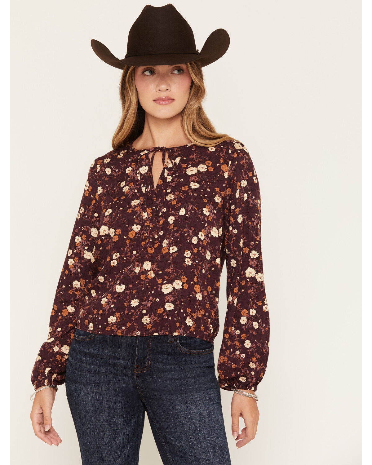 Image #1 - Idyllwind Women's Lynnbrook Floral Print Long Sleeve Blouse, Wine, hi-res