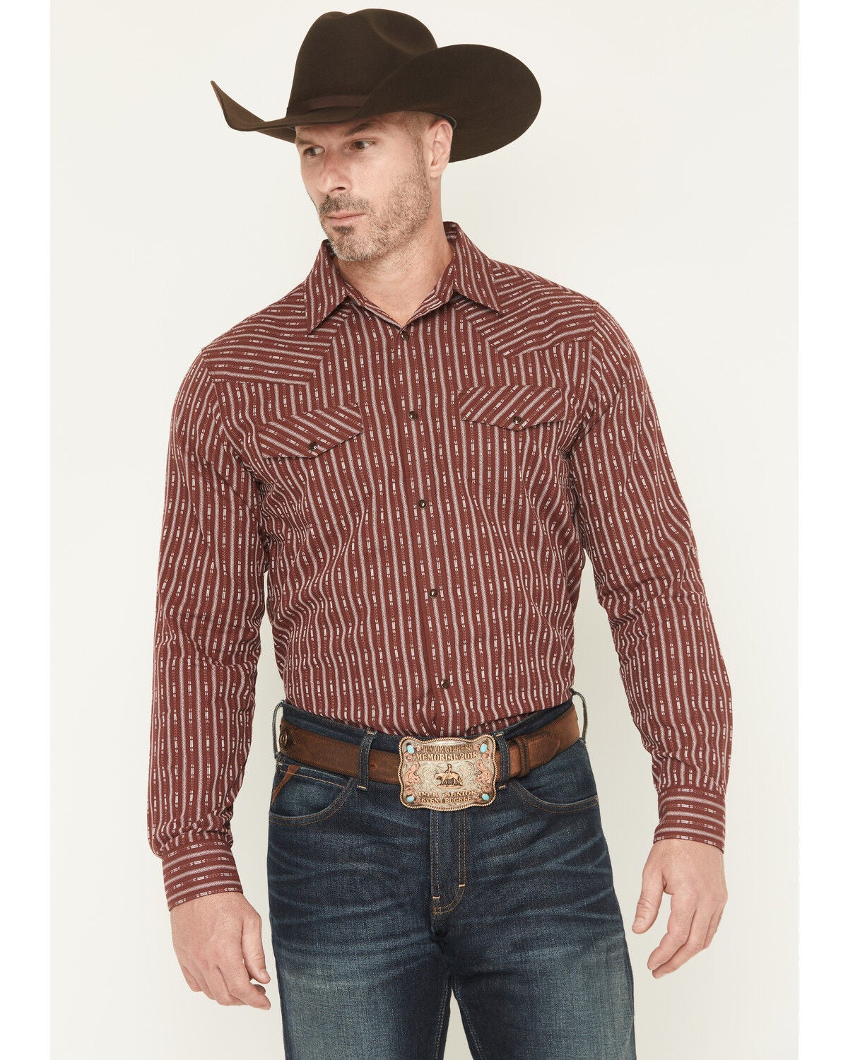 Gibson Trading Co Men's Buckshot Striped Print Long Sleeve Snap Stretch Western Shirt - Big, Burgundy, hi-res