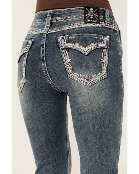 Image #2 - Grace in LA Women's Medium Wash Mid Rise Border Flap Bootcut Stretch Jeans , Medium Wash, hi-res