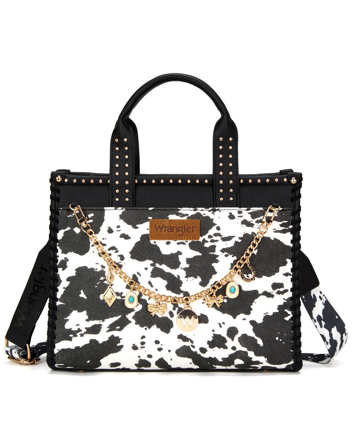 Wrangler X Boot Barn Women's Cow Print Tote with Chain, Black, hi-res