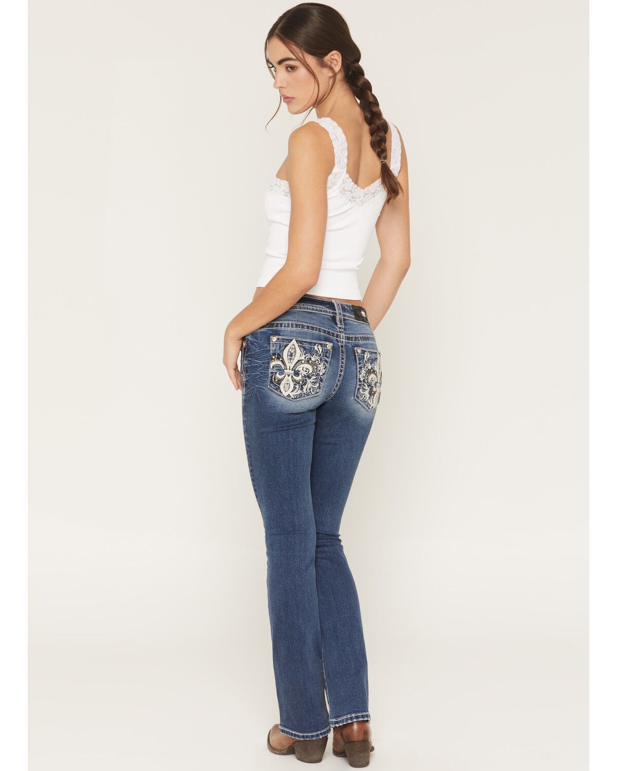 Image #1 - Miss Me Women's Medium Wash Mid Rise Fleur De Lis Pocket 30" Bootcut Stretch Denim Jeans, Medium Wash, hi-res