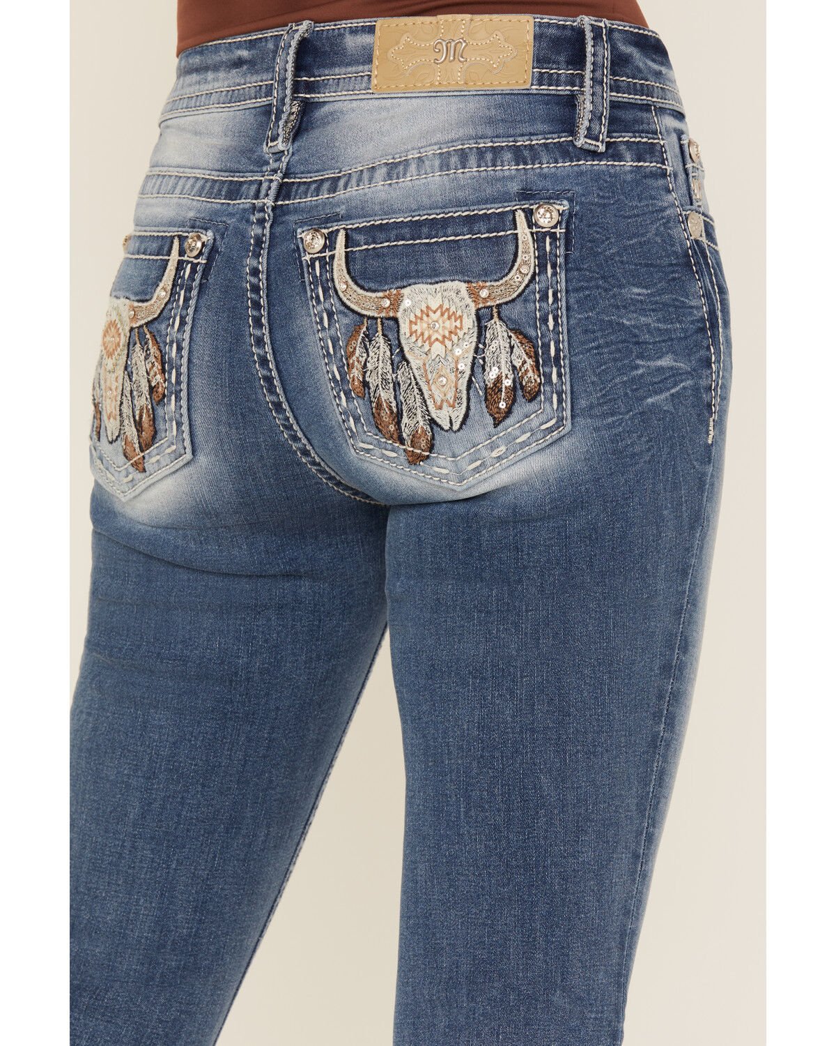 Image #2 - Miss Me Women's Medium Wash Mid Rise Steer Head Bootcut Stretch Denim Jeans, Medium Wash, hi-res