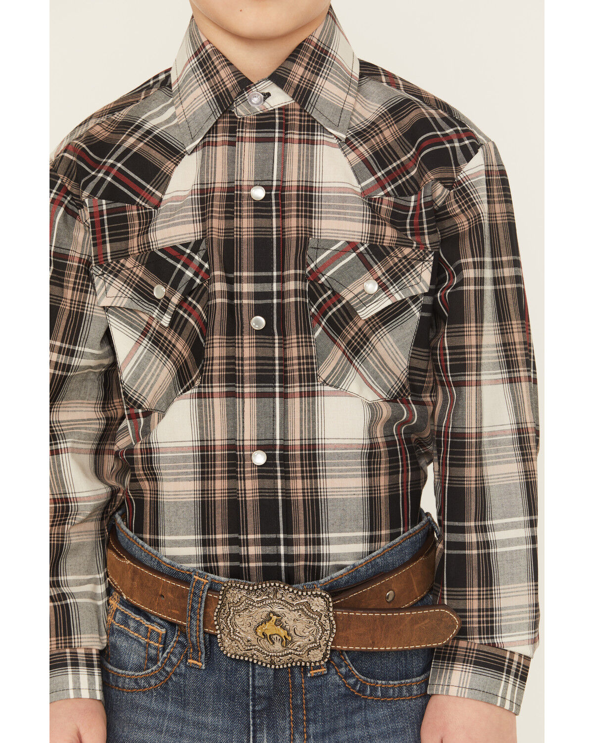 Image #3 - Ely Walker Boys' Plaid Print Long Sleeve Snap Western Shirt, Khaki, hi-res