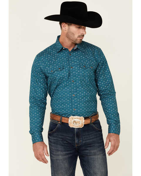Cody James Men's Direction Southwestern Stripe Long Sleeve Snap Western Shirt , Blue, hi-res