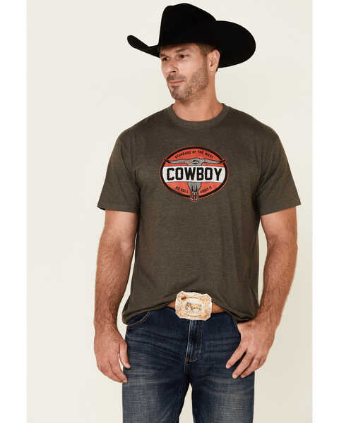 Image #1 - Justin Men's Heather Charcoal Cowboy Bull Skull Graphic Short Sleeve T-Shirt  , Charcoal, hi-res