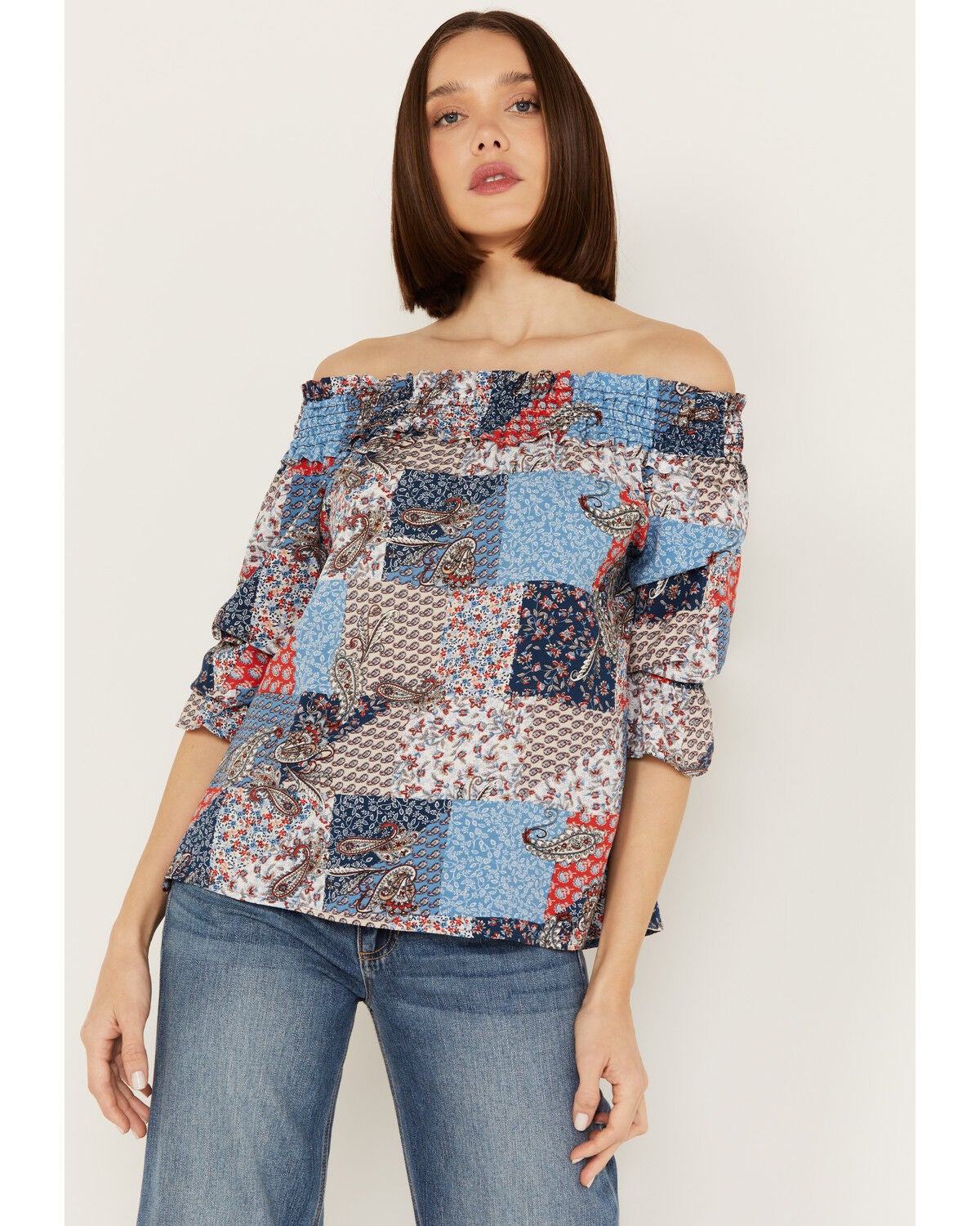 Image #1 - Wild Moss Women's Patchwork Print Off The Shoulder Top, Multi, hi-res