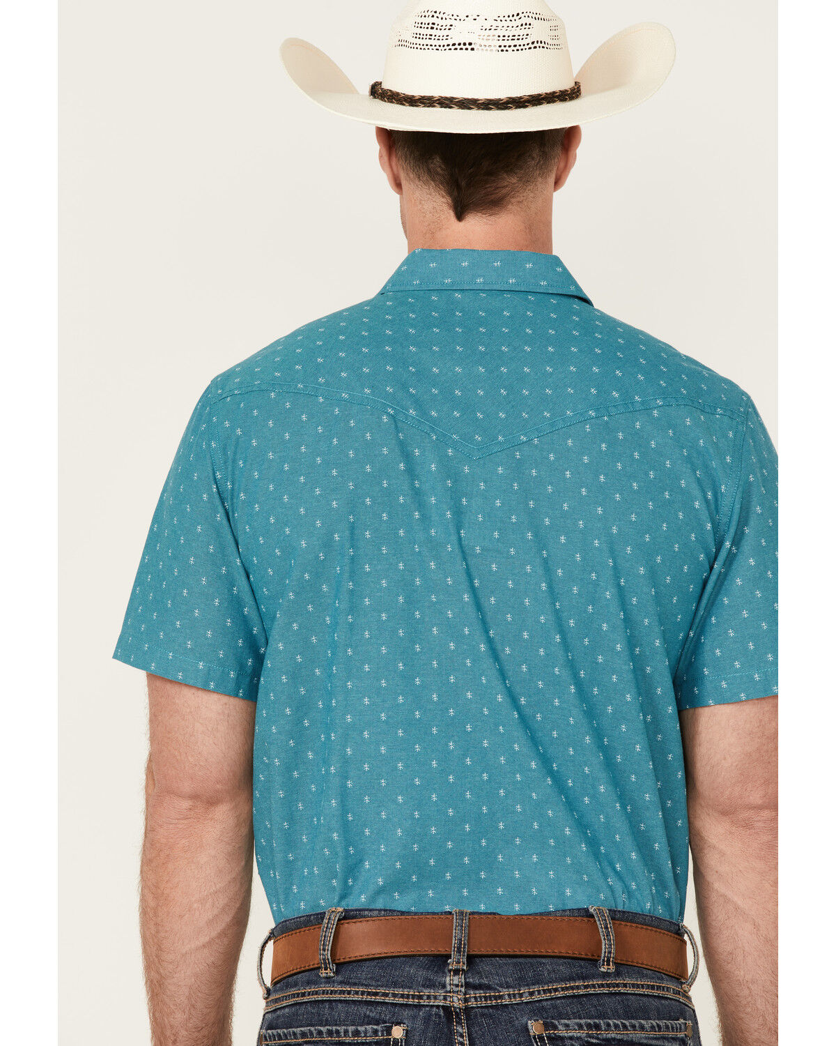 Image #4 - Cody James Men's Field Day Chambray Geo Print Short Sleeve Snap Western Shirt, Blue, hi-res
