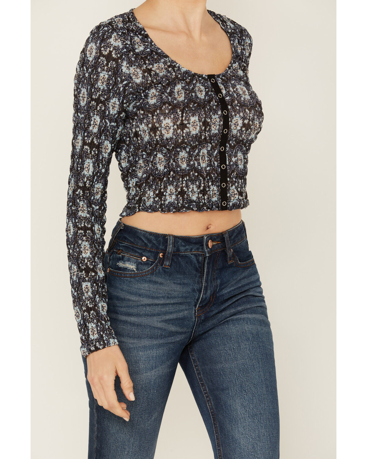 Image #3 - Beyond The Radar Women's Floral Mesh Long Sleeve Top, Black, hi-res