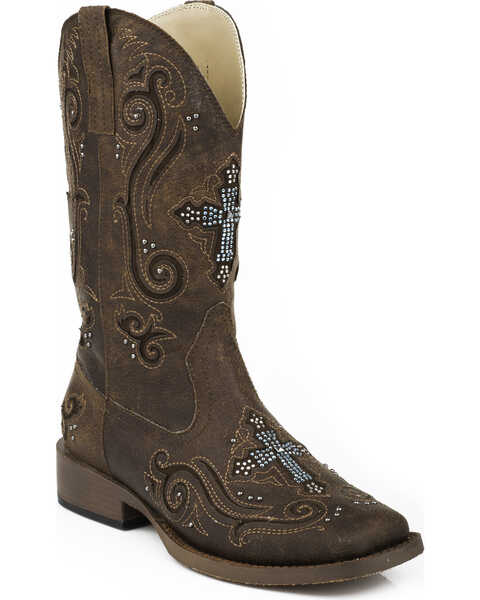 Roper Women's Bling Crystal Cross Faux Western Boots - Square Toe, Brown, hi-res