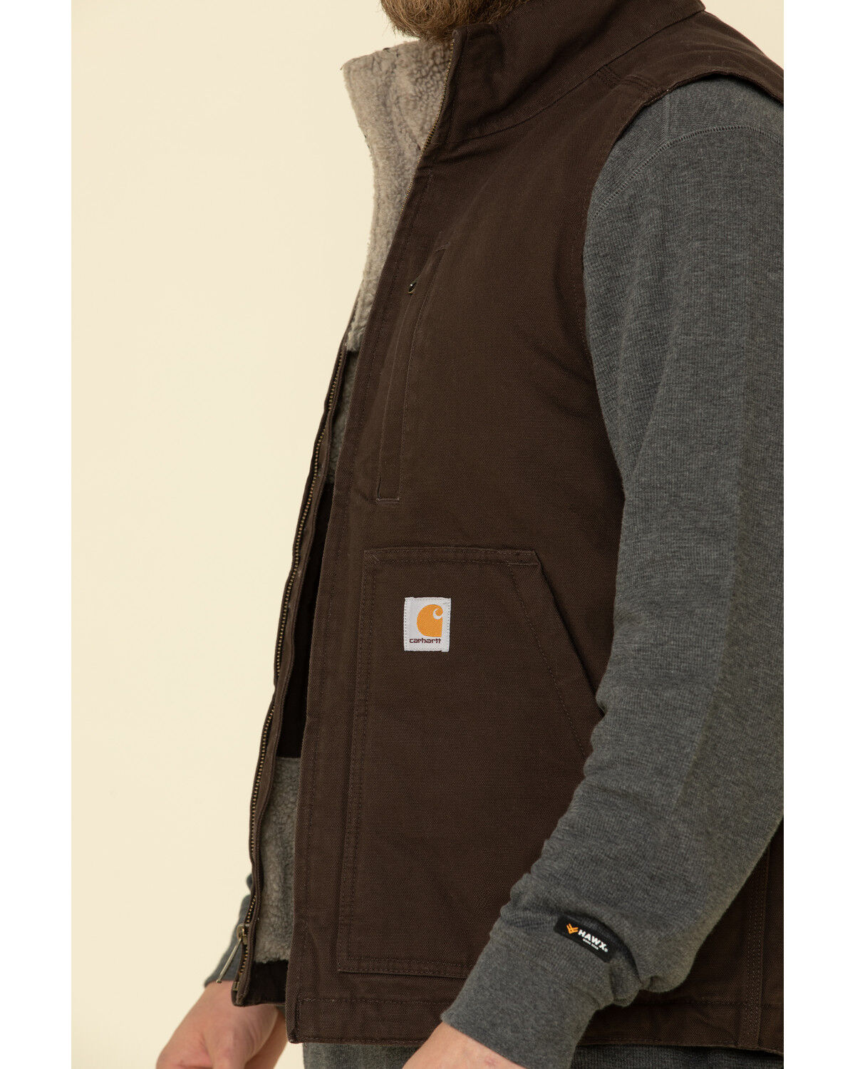 Image #4 - Carhartt Men's Dark Brown Washed Duck Sherpa Lined Mock Neck Loose Fit Work Vest, Dark Brown, hi-res
