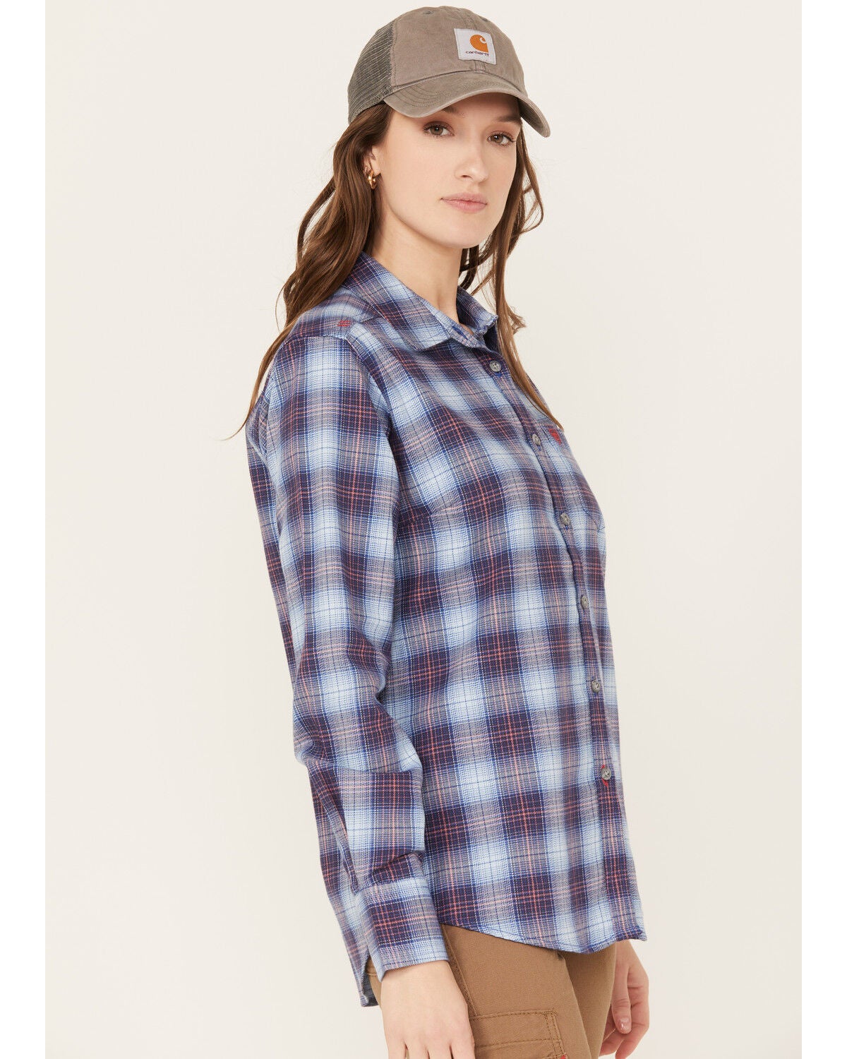 Ariat Women's FR Plaid Print Long Sleeve Button-Down Work Shirt, Blue, hi-res