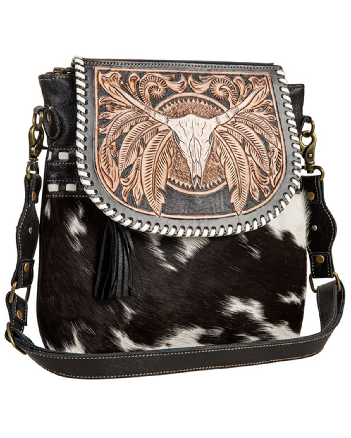 Image #2 - Myra Bag Women's Spirit of the Herd Hand Tooled Crossbody Bag, Black, hi-res