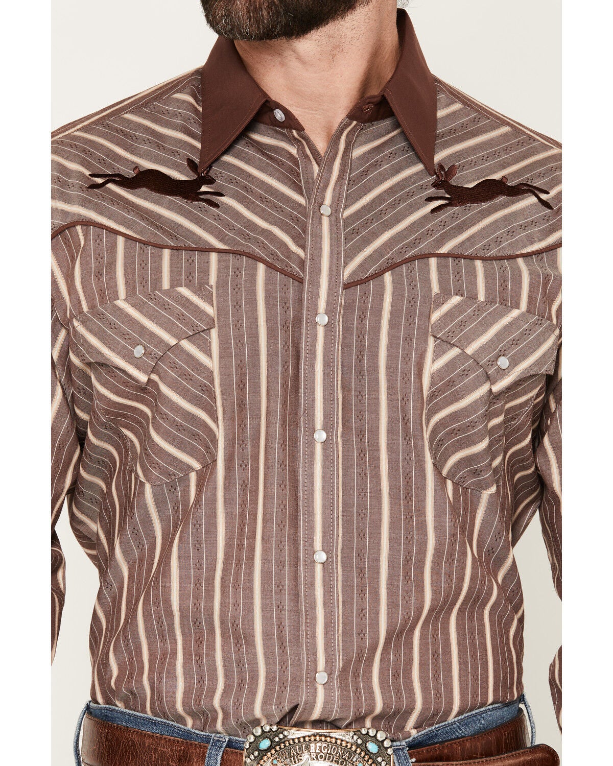 Image #3 - Ely Walker Men's Jackalope Embroidered Striped Long Sleeve Pearl Snap Western Shirt, Burgundy, hi-res