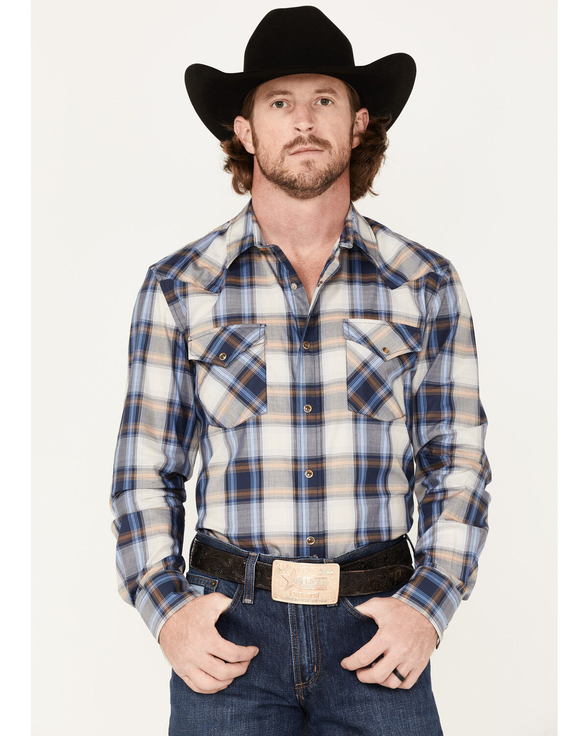 Image #1 - Pendleton Men's Bishop Large Ombre Plaid Long Sleeve Western Shirt, Navy, hi-res