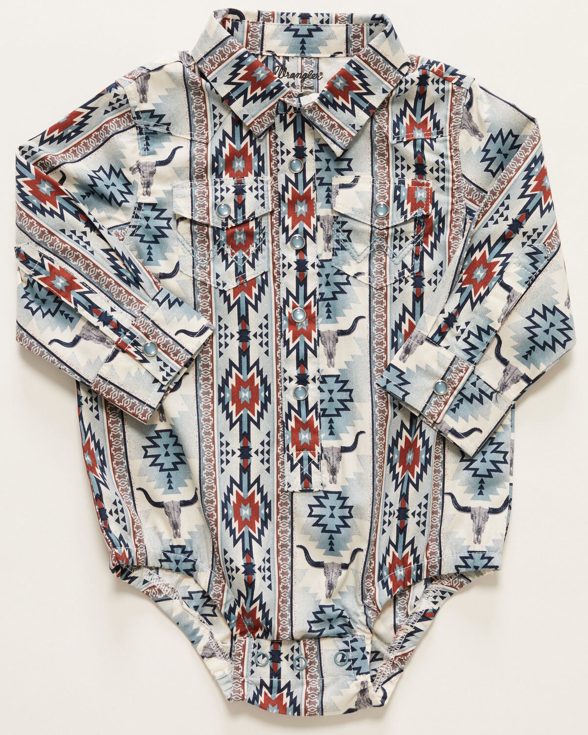Wrangler Infant Boys' Southwestern Steerhead Print Long Sleeve Snap Western Onesie, Blue, hi-res
