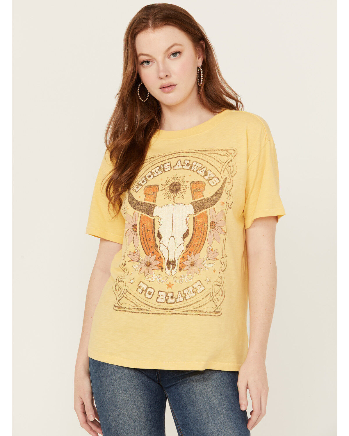 Image #1 - Shyanne Women's Lucks Always To Blame Short Sleeve Graphic Tee, Yellow, hi-res