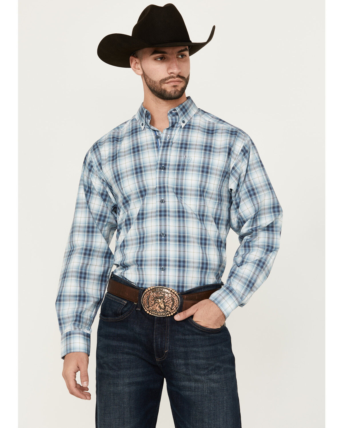 Image #1 - Ariat Men's Emiliano Plaid Print Long Sleeve Button-Down Performance Western Shirt, Blue, hi-res
