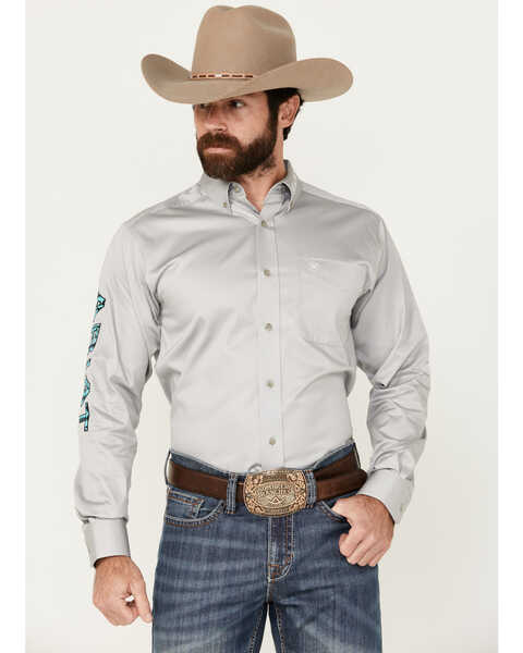 Ariat Men's Team Logo Twill Long Sleeve Button-Down Western Shirt, Grey, hi-res