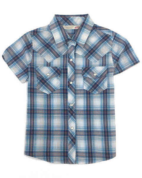 Cumberland Outfitters Girls' Turquoise Plaid Snap Short Sleeve Western Shirt, Turquoise, hi-res