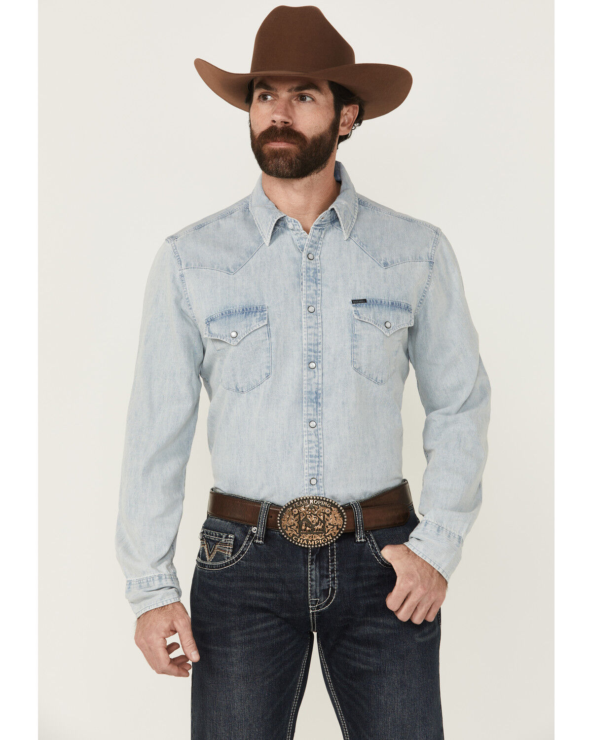 Image #1 - Rock & Roll Denim Men's Light Wash Long Sleeve Snap Denim Shirt, Light Wash, hi-res