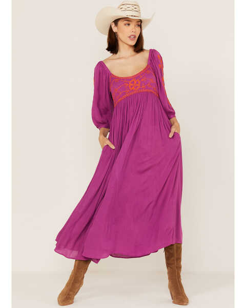 Free People Women's Wedgewood Embroidered Long Puff Sleeve Midi Dress, Magenta, hi-res