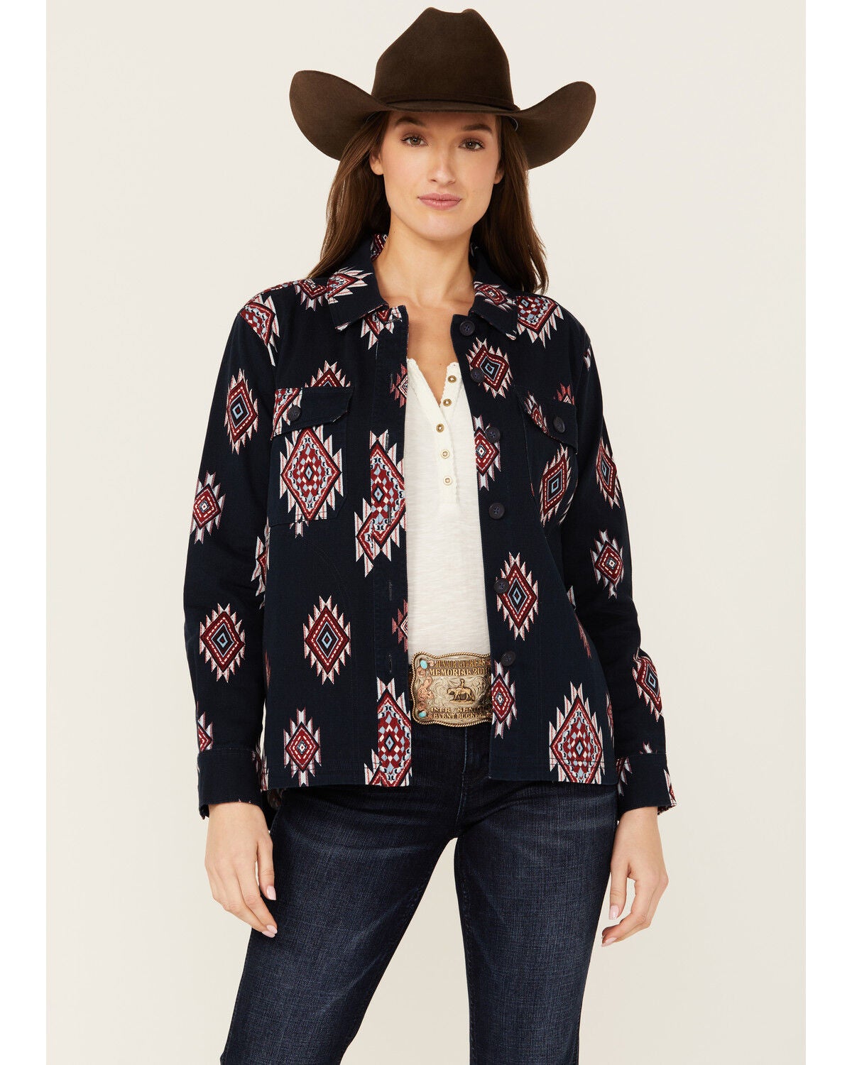 Shyanne Women's Buffalo Southwestern Print Shacket, Indigo, hi-res
