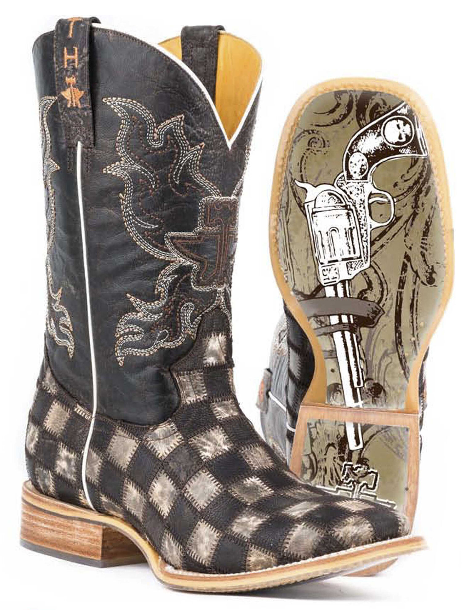 Image #1 - Tin Haul Men's Gunslinger Checkered Western Boots - Broad Square Toe, Brown, hi-res