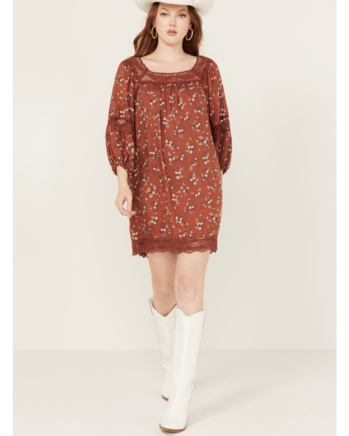 Image #1 - Angie Women's Floral Print Crochet Long Sleeve Mini Dress, Rust Copper, hi-res