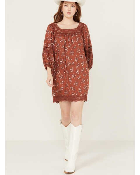 Angie Women's Floral Print Crochet Long Sleeve Mini Dress , Rust Copper, hi-res