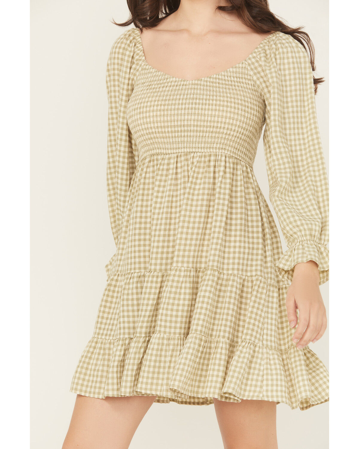 Image #3 - Blue B Women's Gingham Long Sleeve Mini Dress, Olive, hi-res