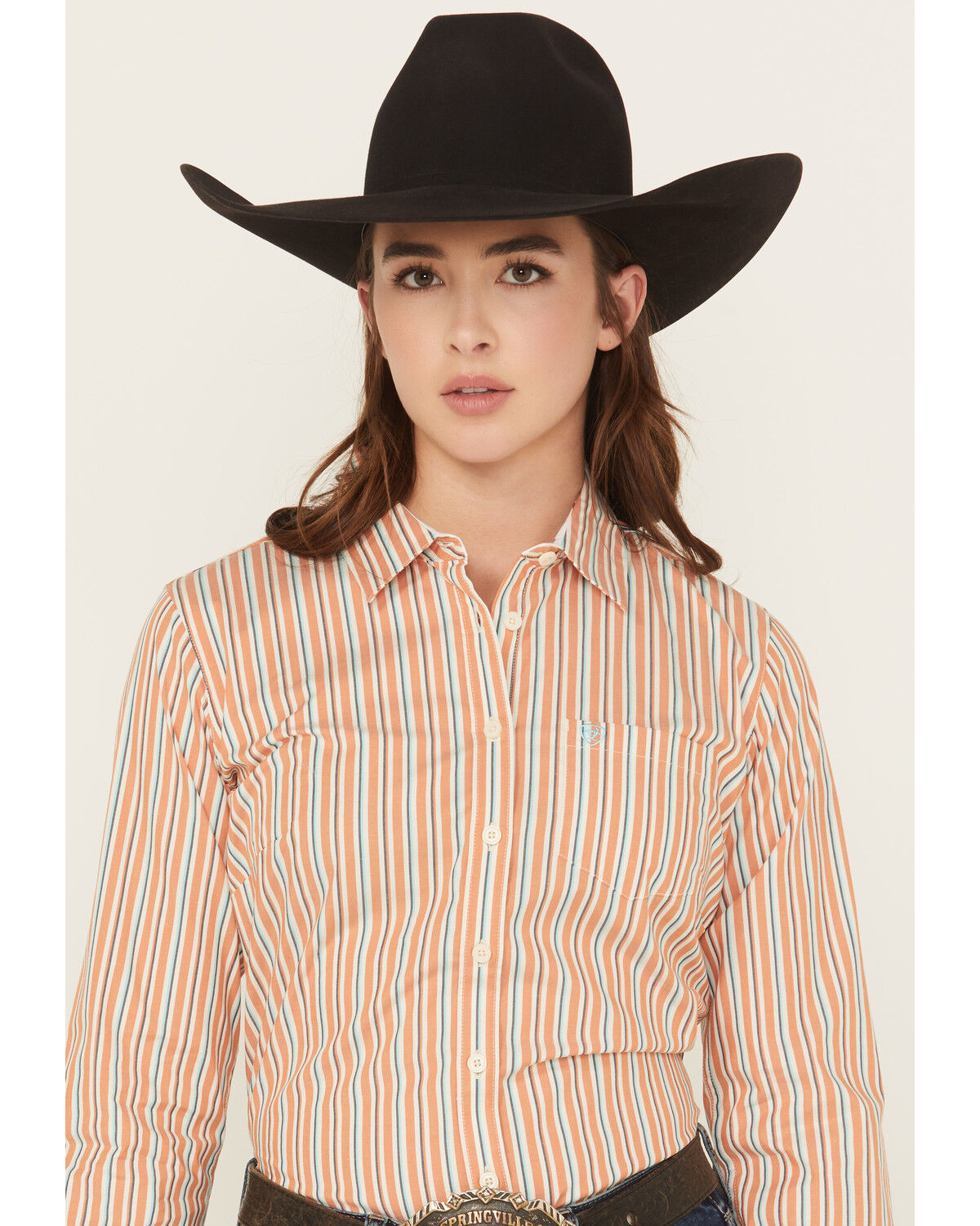 Image #1 - Ariat Women's Malia Striped Print Long Sleeve Button-Down Stretch Western Shirt, Orange, hi-res