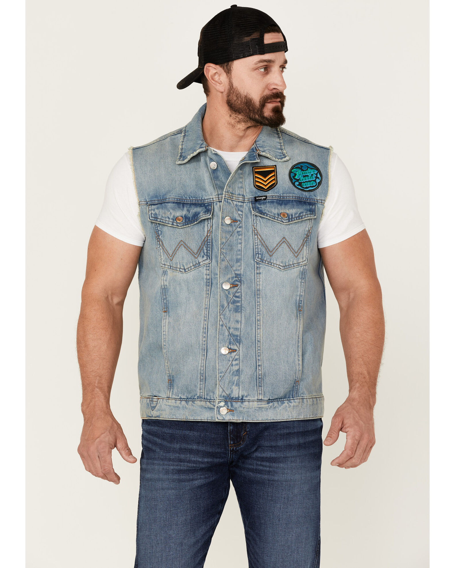 Wrangler X Fender Men s Cowboy Rockstar Patch Denim Vest Country Outfitter