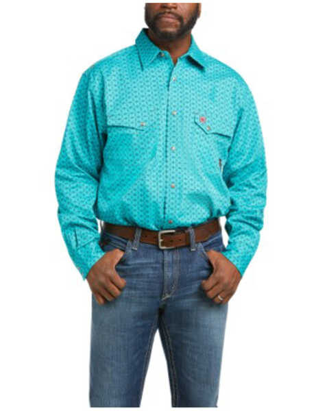Image #1 - Ariat Men's FR Lopez Geo Print Long Sleeve Snap Work Shirt , Blue, hi-res