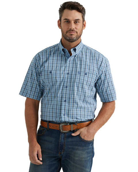 George Strait by Wrangler Men's Plaid Print Short Sleeve Button-Down Western Shirt - Tall, Blue, hi-res