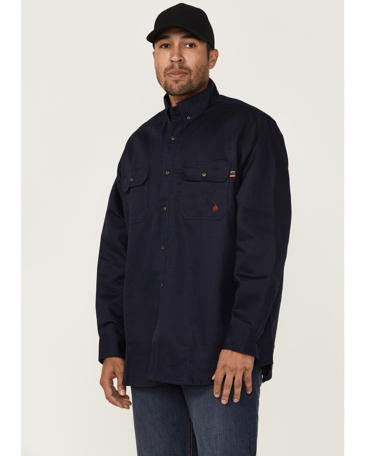 Image #1 - Forge Workwear Men's FR Solid Long Sleeve Button-Down Work Shirt, Navy, hi-res