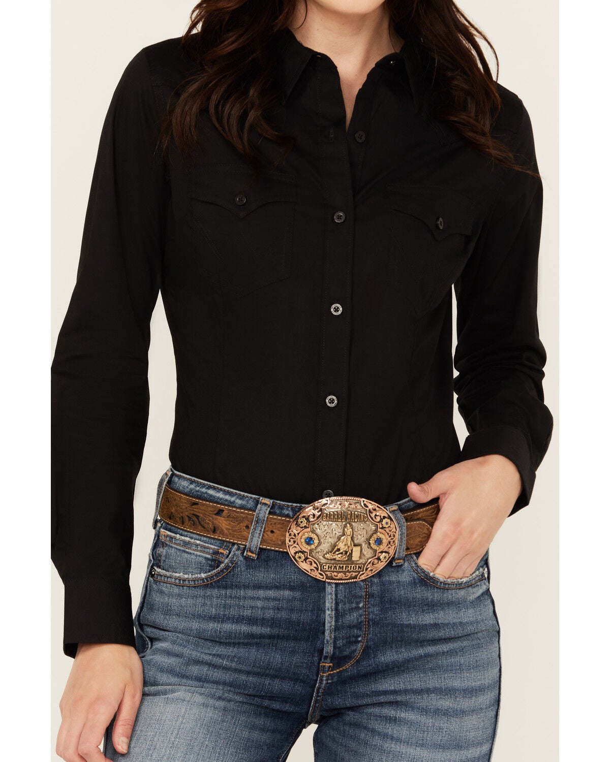 Image #3 - Wrangler Retro Women's Solid Long Sleeve Button-Down Stretch Western Shirt, Black, hi-res