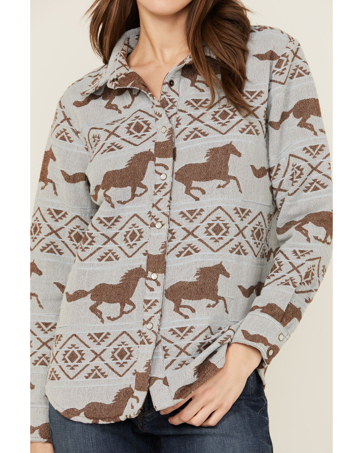 Image #3 - Shyanne Women's Horse Print Blanket Long Sleeve Pearl Snap Western Shirt, Light Blue, hi-res