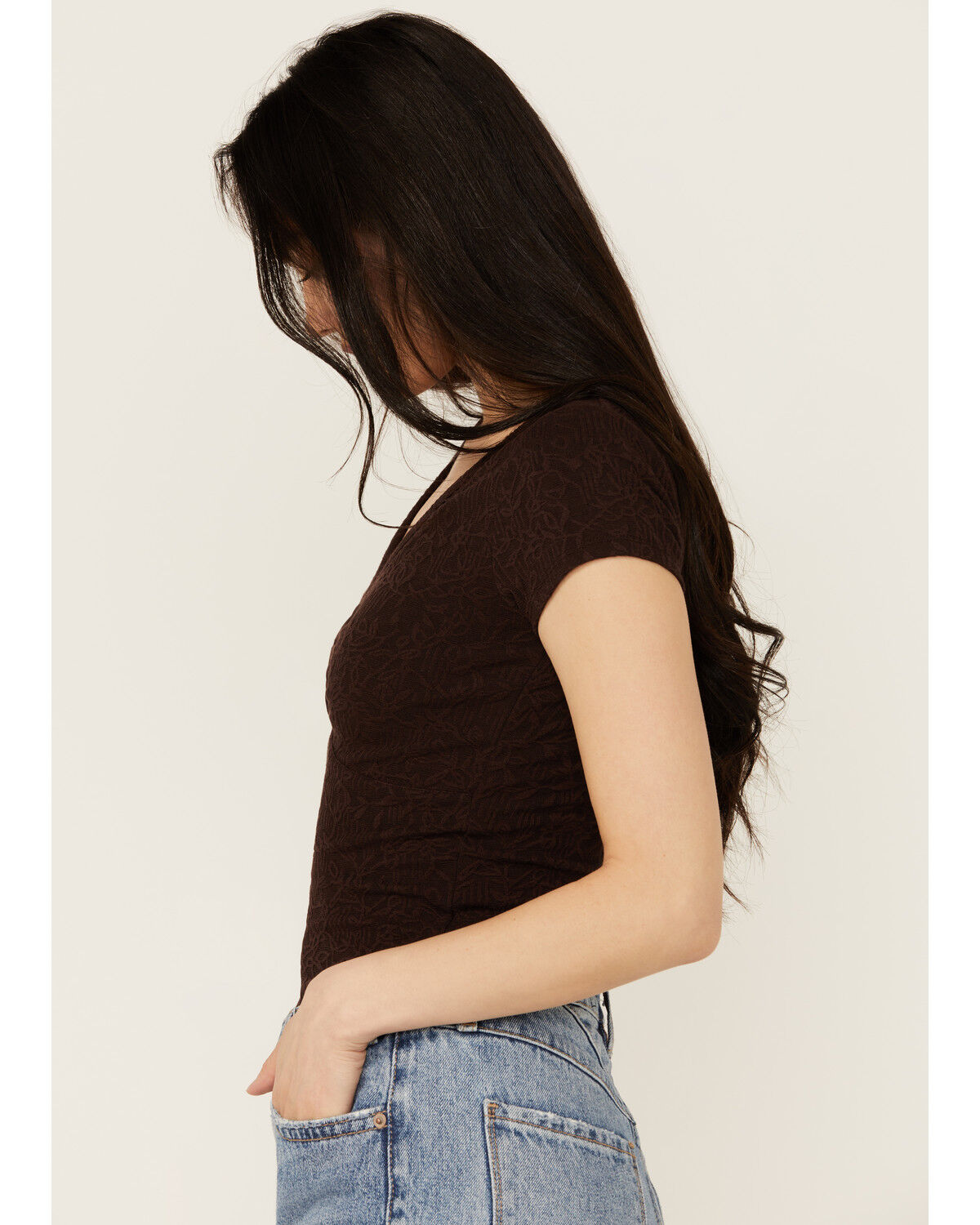 Image #2 - Shyanne Women's Floral Jacquard Short Sleeve Top, Chocolate, hi-res