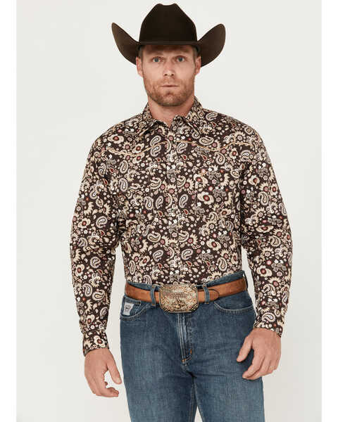 Cowboy Hardware Men's Mixed Paisley Print Long Sleeve Snap Western Shirt, Brown, hi-res