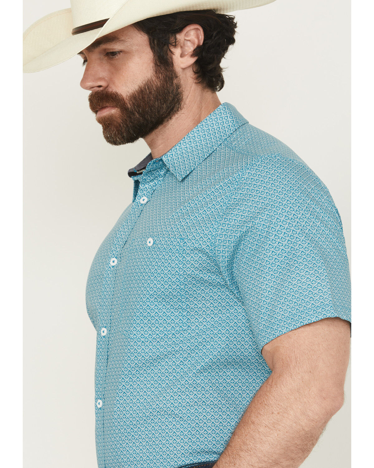 Image #2 - RANK 45® Men's Wild West Geo Print Short Sleeve Button-Down Stretch Western Shirt, Teal, hi-res