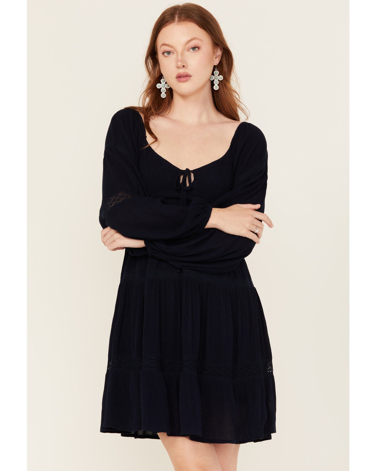 Jolt Women's Lace Trim Long Sleeve Tiered Mini Dress, Navy, hi-res