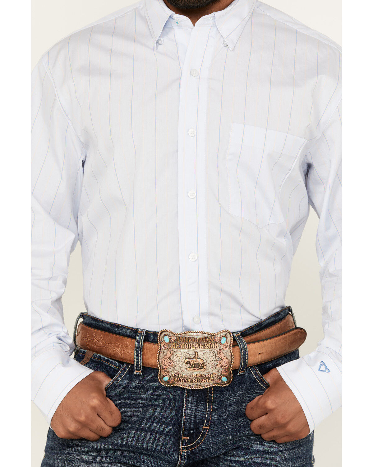 Image #3 - Wrangler X Cody Johnson Men's Striped Print Long Sleeve Button-Down Western Shirt, Blue, hi-res