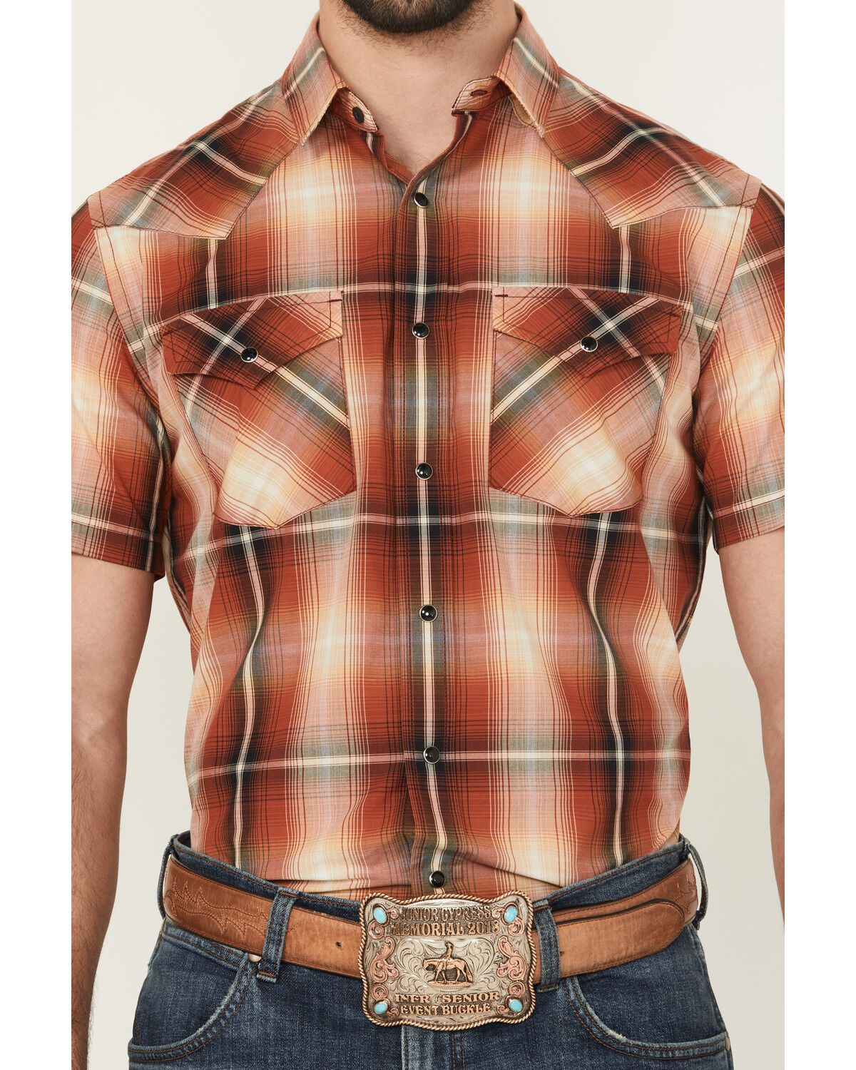 Image #3 - Pendleton Men's Frontier Plaid Print Short Sleeve Snap Stretch Western Shirt, Brick Red, hi-res