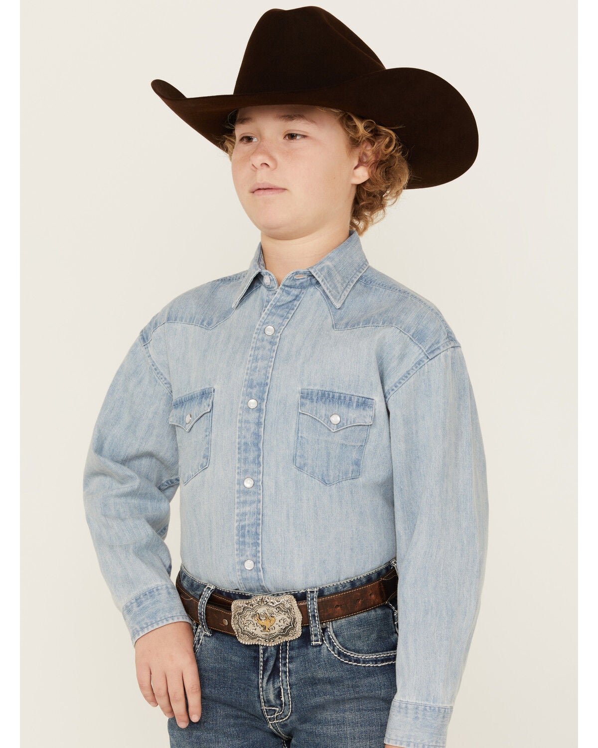 Image #1 - Rock & Roll Denim Boys' Light Wash Denim Long Sleeve Pearl Snap Western Shirt, Blue, hi-res