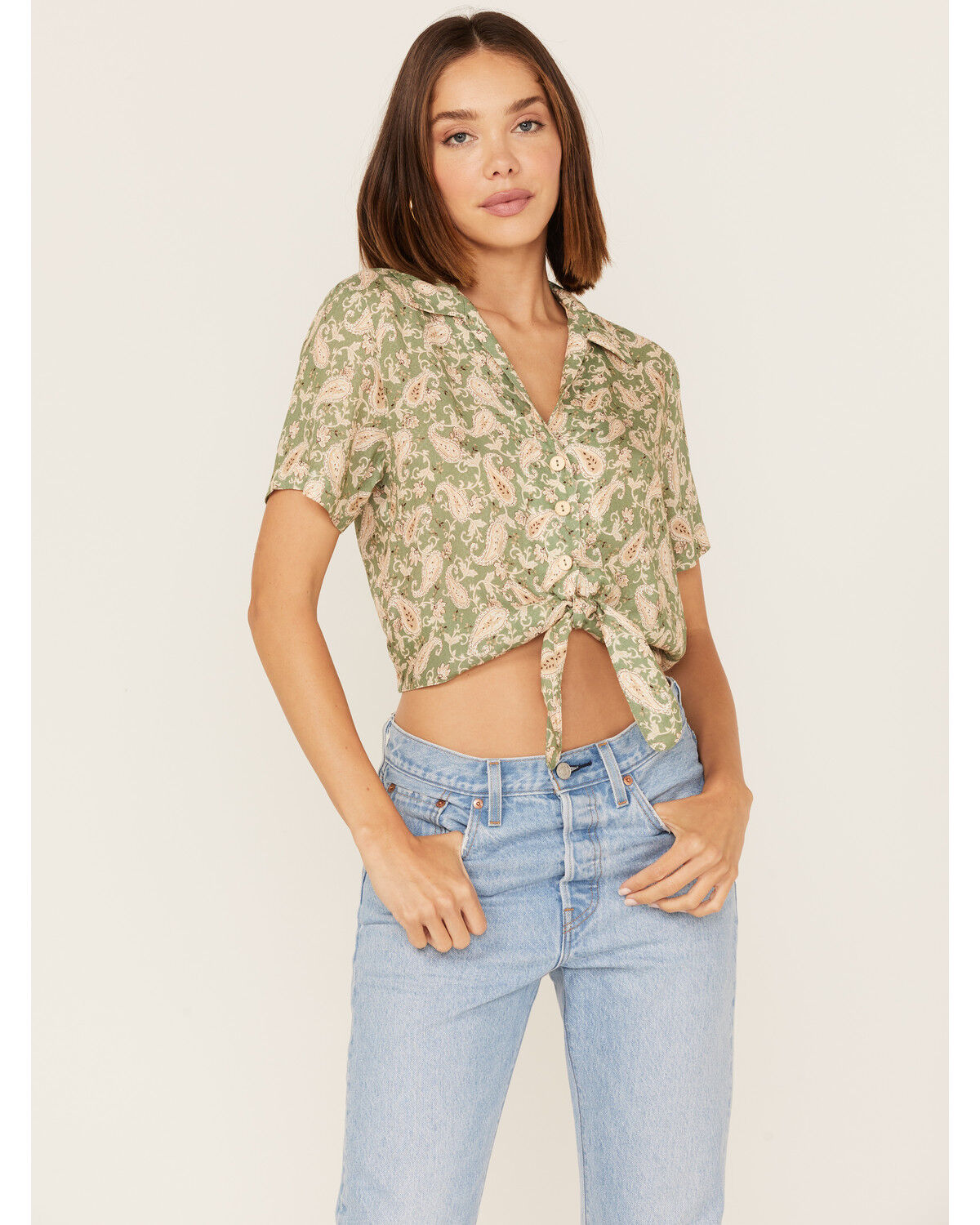 Image #1 - Sadie & Sage Women's Watchin Dreamin Tie Front Short Sleeve Shirt, Olive, hi-res