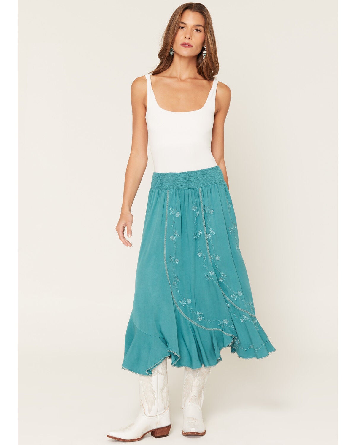 Wild Moss Women's Embroidered Panel Midi Skirt, Teal, hi-res